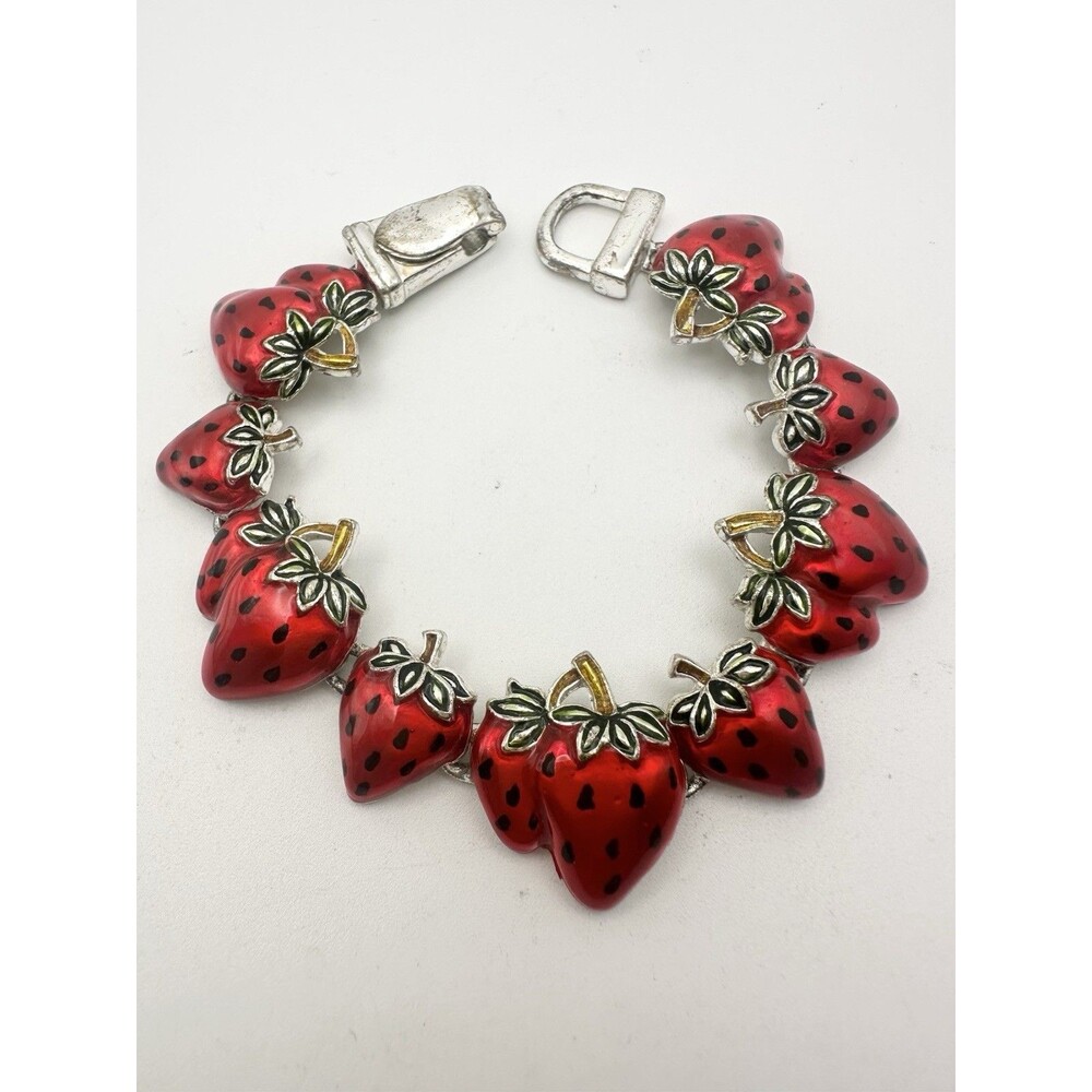 Vintage Enamel Strawberry Charm Bracelet Silver Tone 7.25”